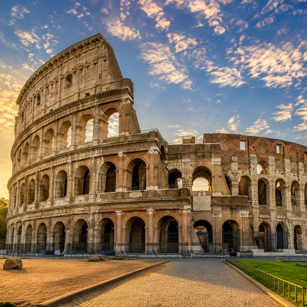 Wide-angle view of the exterior stone arches of the Colosseum in Rome under a warm, golden sunset sky with light clouds.