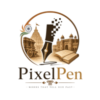 PixelPen logo featuring a fountain pen dissolving into pixels alongside Indian historical monuments and an open book.