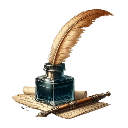 A classic light brown feather quill sitting inside a glass ink bottle next to an ornate fountain pen and vintage manuscript paper