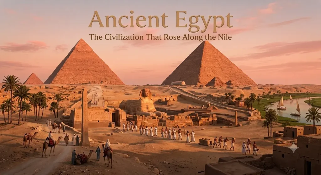 Panoramic banner of Ancient Egypt featuring the Great Pyramids, the Sphinx, an obelisk, and travelers with camels along the Nile River under a warm sunset sky, with the text "Ancient Egypt: The Civilization That Rose Along the Nile" written at the top.