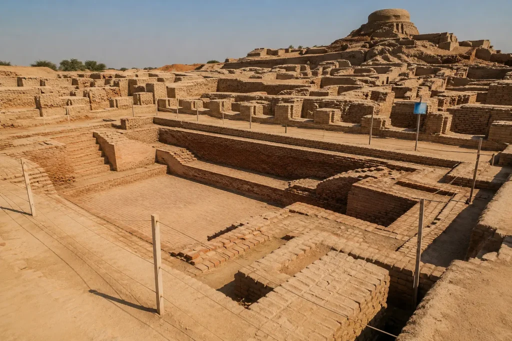 Excavated baked-brick structure of the Great Bath at Mohenjo-Daro with steps and surrounding ancient Indus Valley ruins under a clear sky.