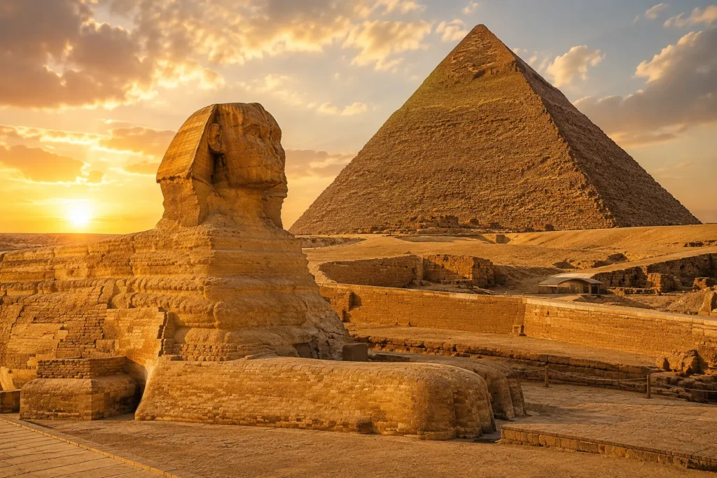 Profile view of the limestone Great Sphinx of Giza with the ancient Pyramid of Khafre under a glowing golden sunset sky.