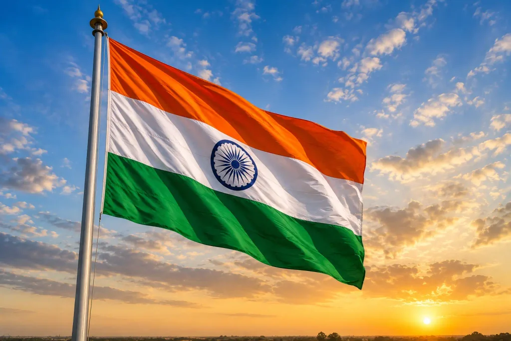 The Indian tricolor flag (Tiranga) waving high on a metal flagpole against a blue sky with soft white clouds and a golden sunset glow.