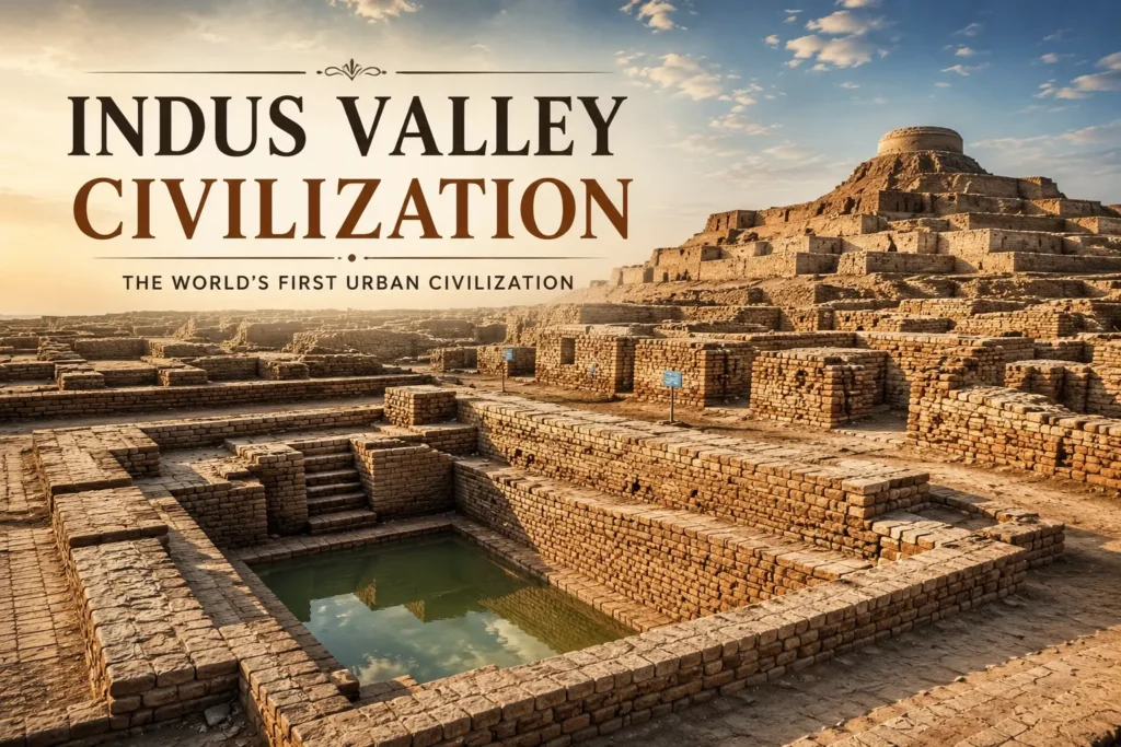 Ancient brick ruins of Mohenjo-daro featuring the Great Bath structure under a clear sky with bold text reading "Indus Valley Civilization".