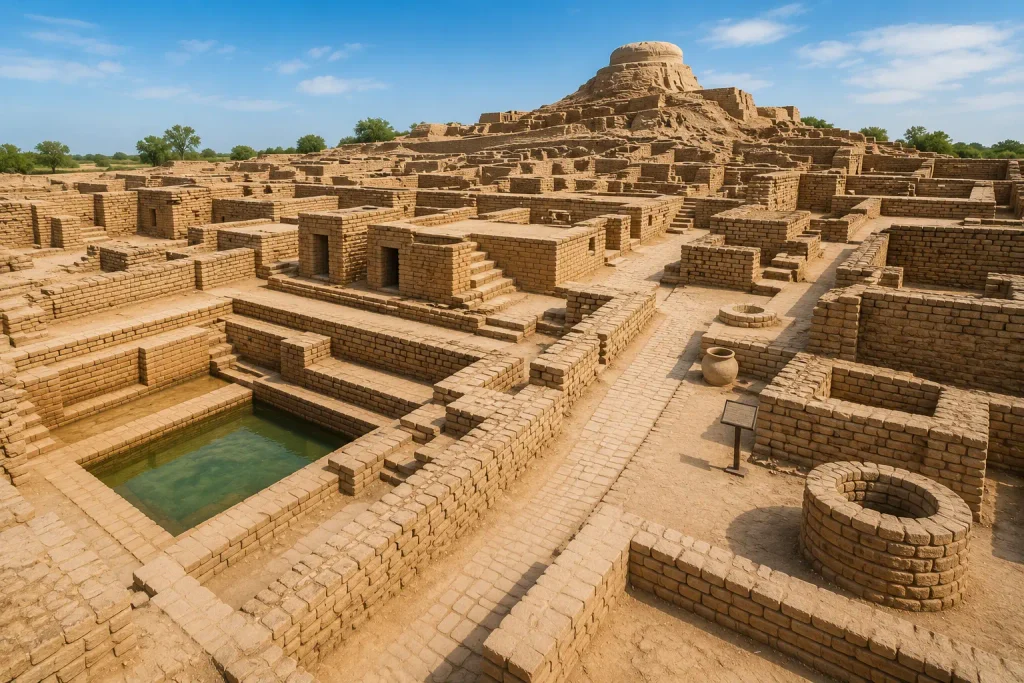 High-angle overview of the excavated mud-brick urban ruins of Mohenjo-Daro, featuring the Great Bath pool, brick pathways, structures, and the Buddhist stupa mound in the background under a blue sky.