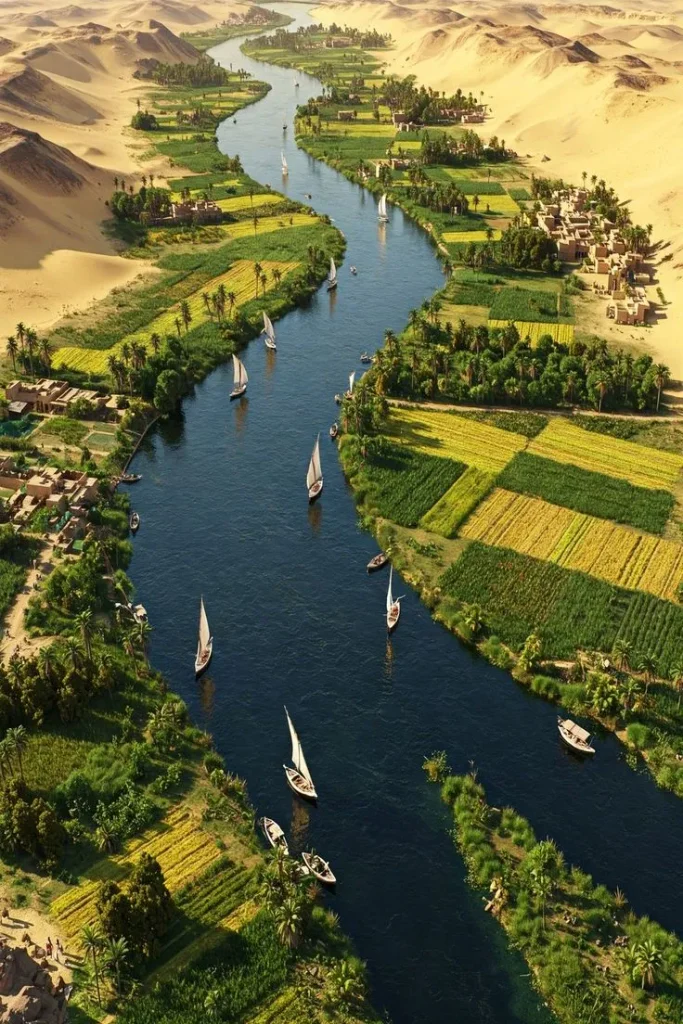 Aerial view of the blue Nile River winding through lush green agricultural fields and ancient mud-brick villages bordered by desert sand dunes with white sailboat felluccas navigating the water.