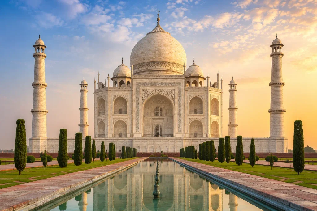 Front view of the white marble Taj Mahal mausoleum in Agra, India, framed by cypress trees and reflected in the calm waters of the long garden pool under a morning sky.