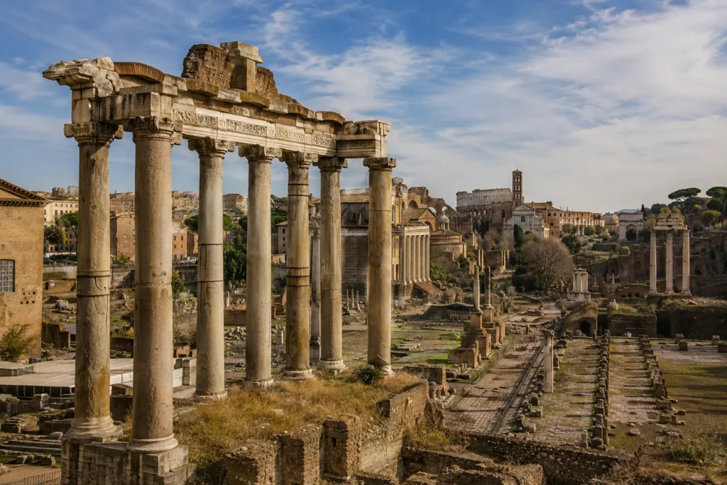 Eight Ionic columns of the Temple of Saturn standing in the foreground with the archaeological ruins of the Roman Forum and the Colosseum in the background.