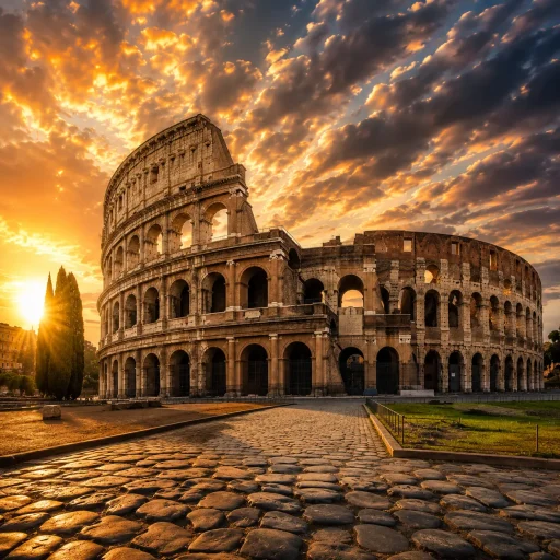 Ancient Colosseum amphitheater in Rome framed by a cobblestone road and glowing sunset sky with sunburst rays.